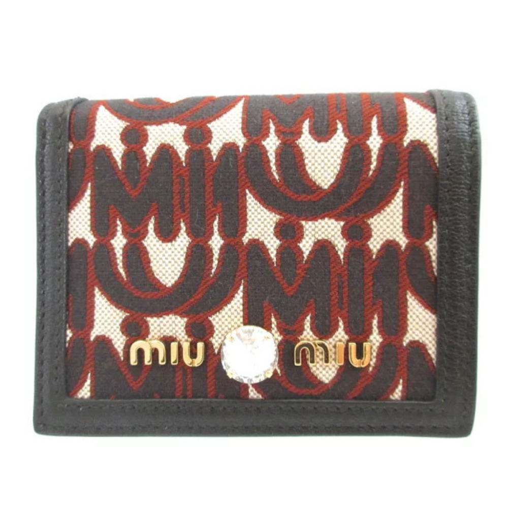 Miu Miu Paris bejeweled jacquard canvas madras leather bifold wallet Red